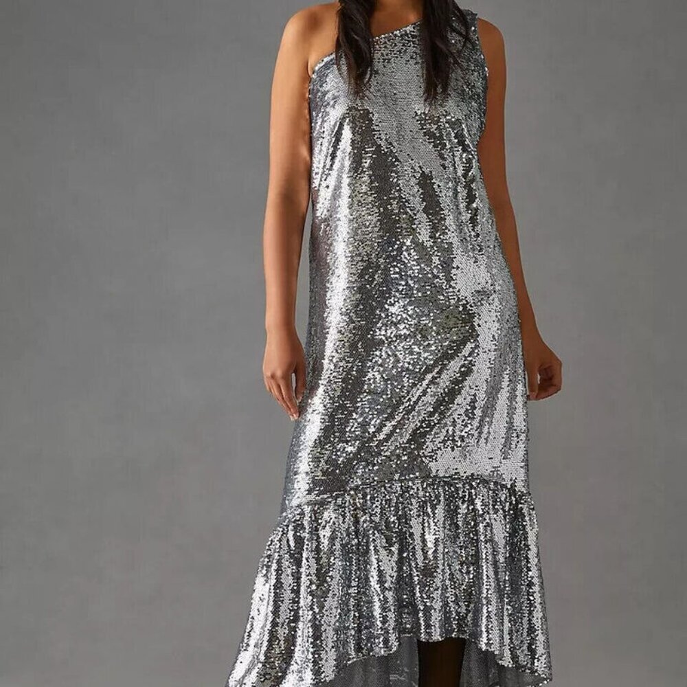 Anthropologie Maeve Asymmetrical Silver Sequin Maxi Dress - Picture 6 of 6
